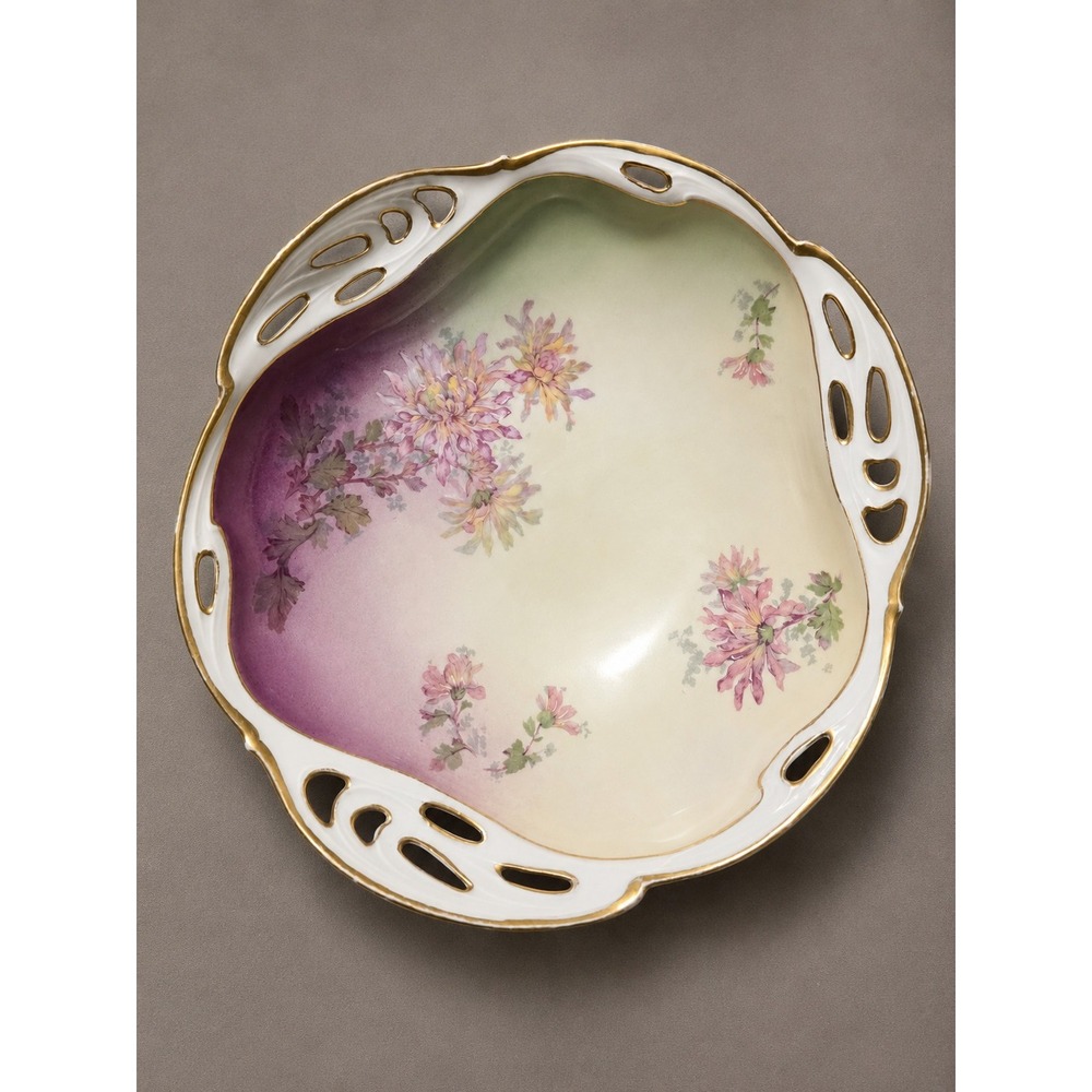 Antique Bavaria R&C Pierced Floral Serving Bowl Gold Trim Hand Painted 10.5"
